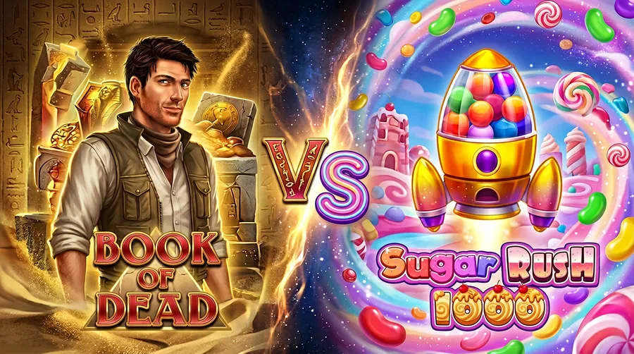 book-of-dead vs sugar-rush-1000 Comparison Banner