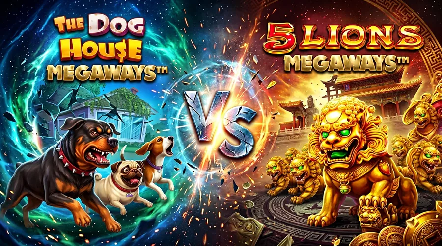 the-dog-house-megaways vs 5-lions-megaways Comparison Banner